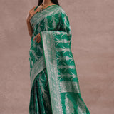 Green Banarasi Silk Saree With Silver Zari Border