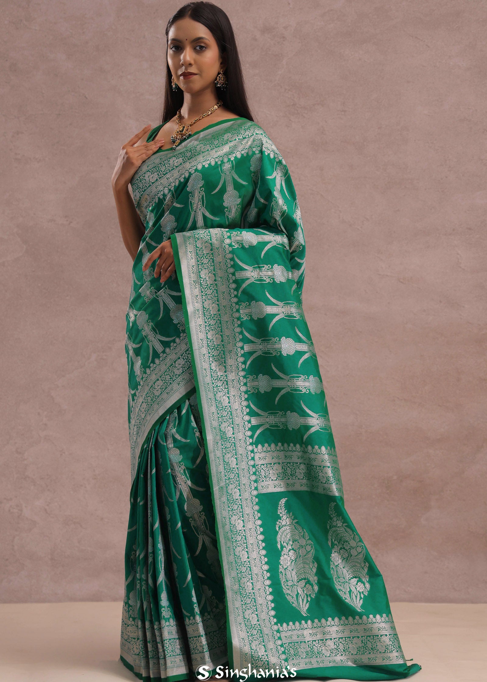 Green Banarasi Silk Saree With Silver Zari Border