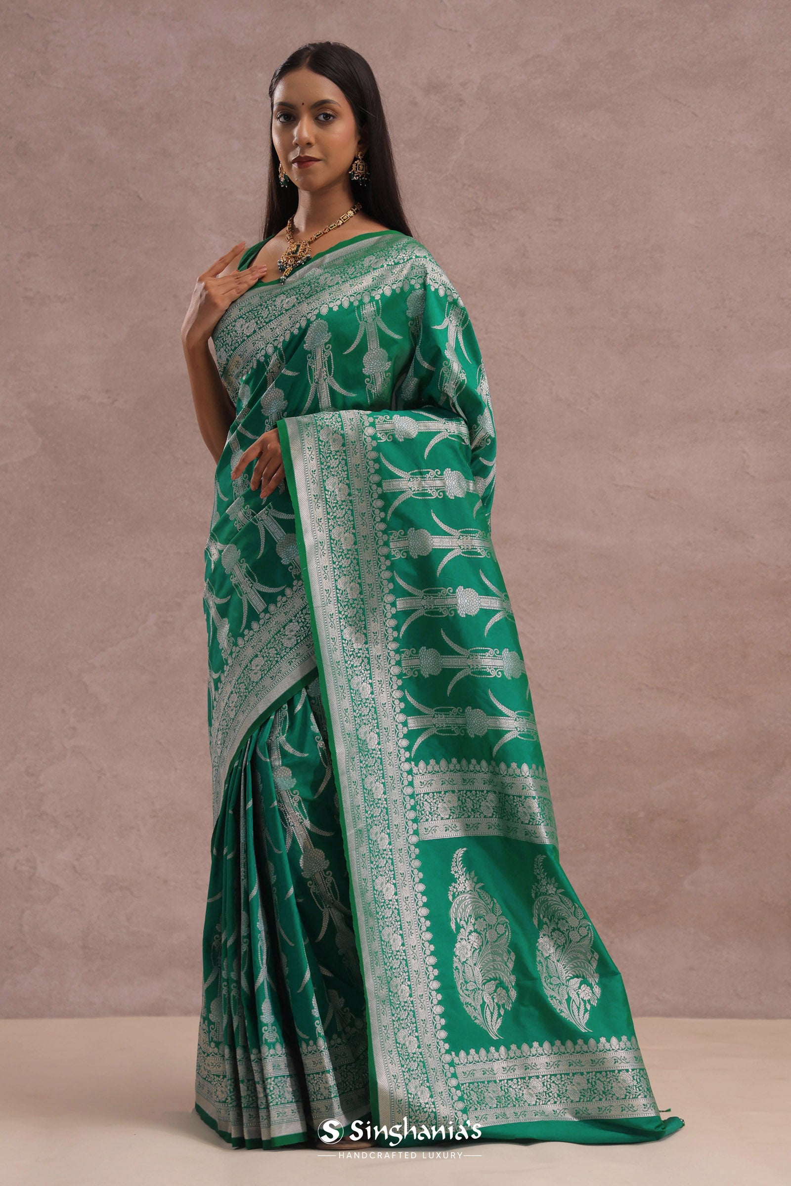 Green Banarasi Silk Saree With Silver Zari Border