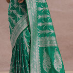 Green Banarasi Silk Saree With Silver Zari Border