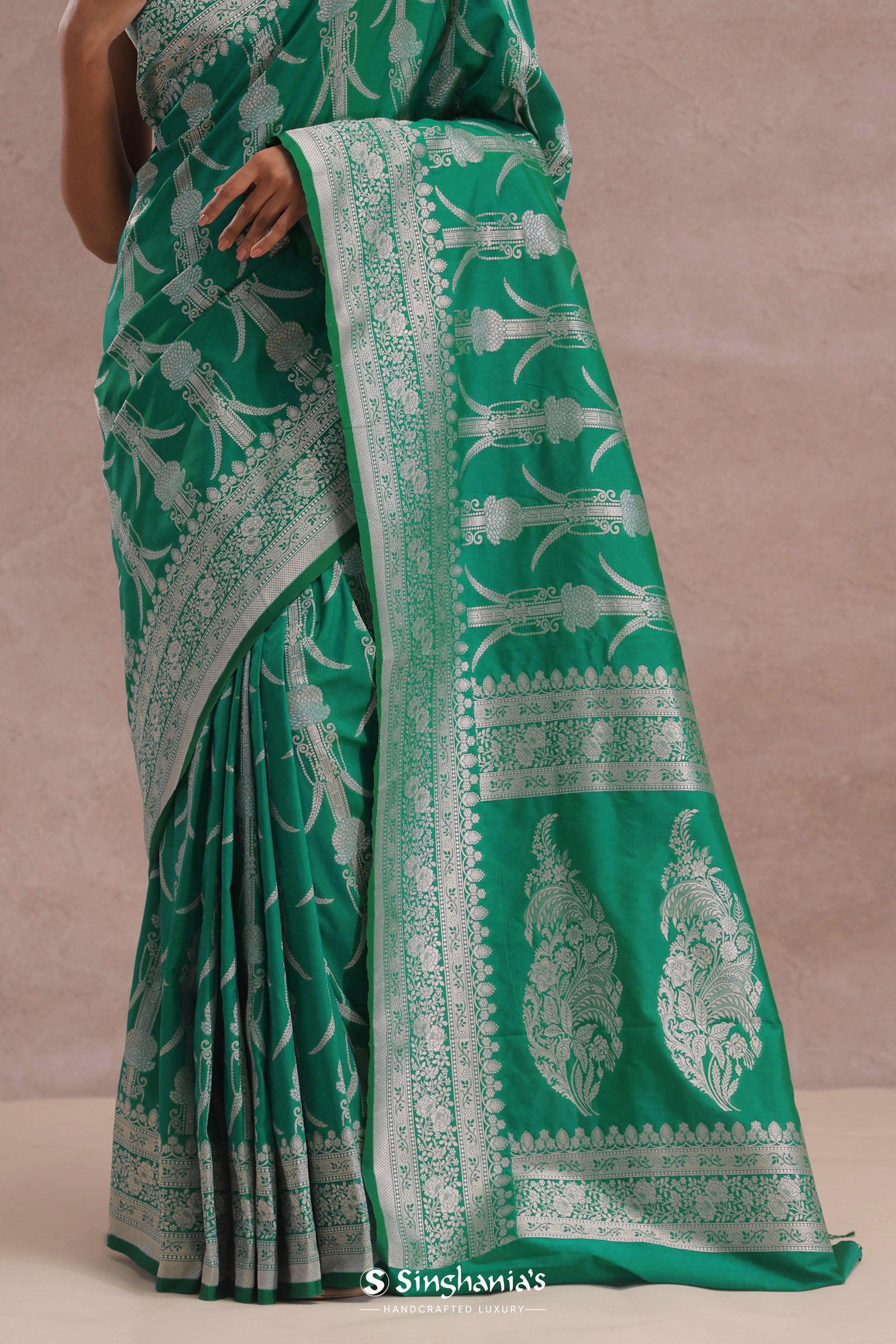 Green Banarasi Silk Saree With Silver Zari Border