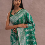 Green Banarasi Silk Saree With Silver Zari Border
