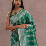 Green Banarasi Silk Saree With Silver Zari Border