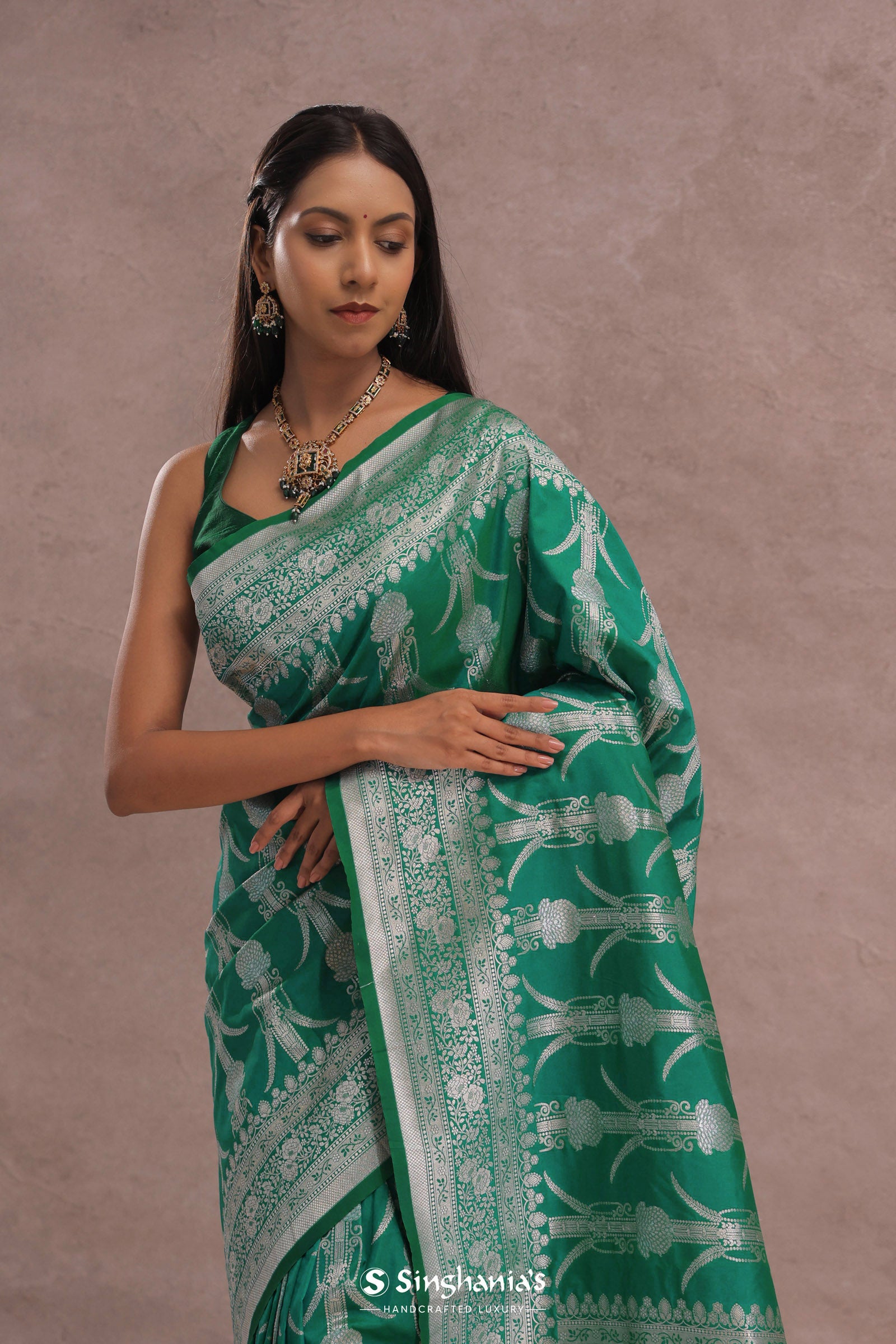 Green Banarasi Silk Saree With Silver Zari Border