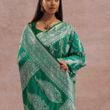 Green Banarasi Silk Saree With Silver Zari Border
