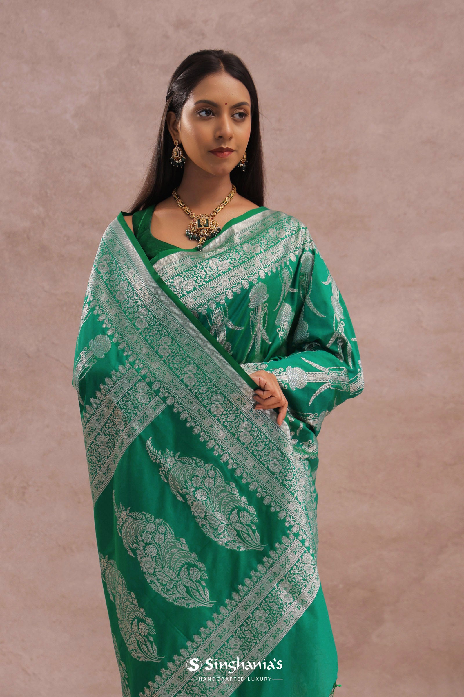 Green Banarasi Silk Saree With Silver Zari Border