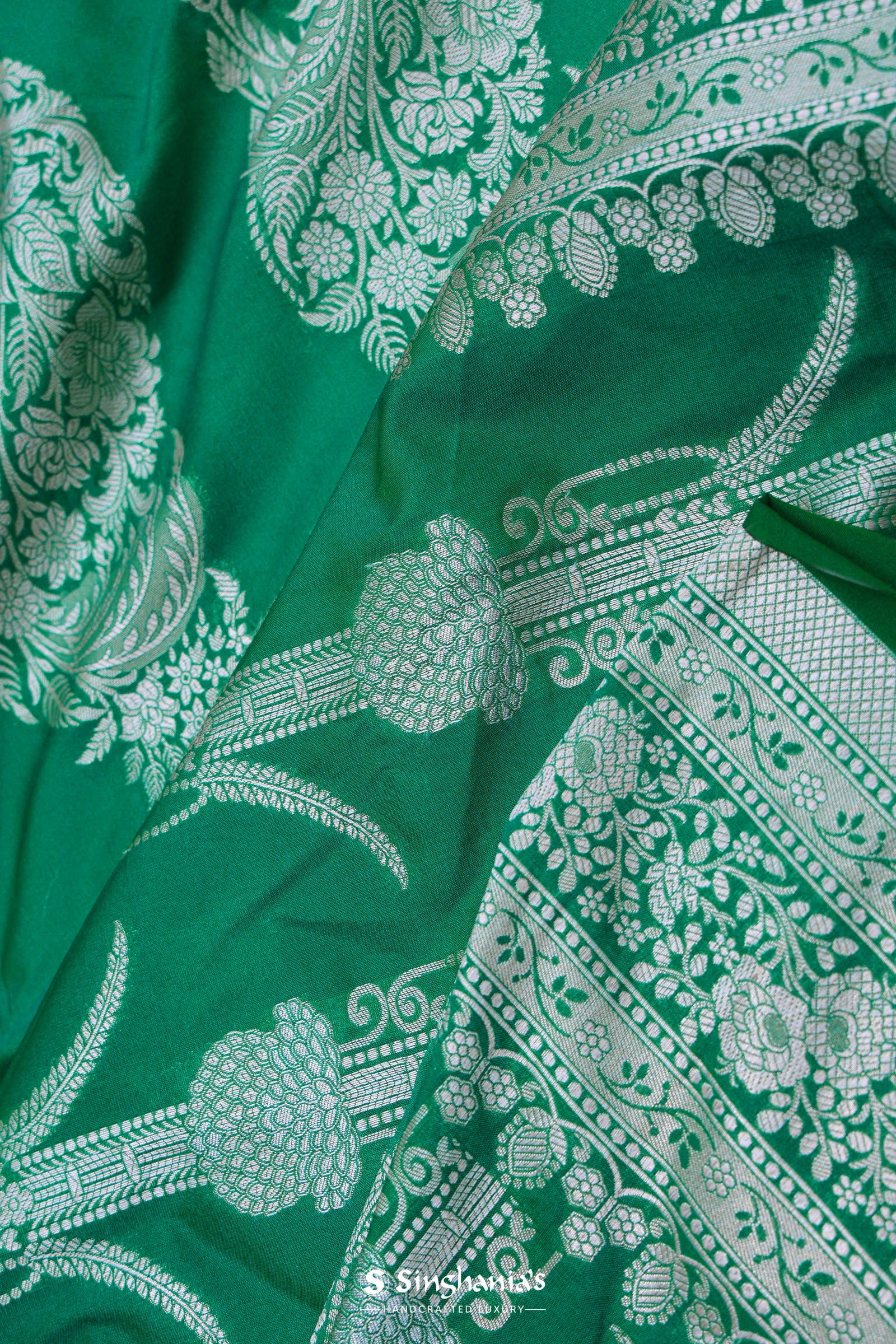 Green Banarasi Silk Saree With Silver Zari Border