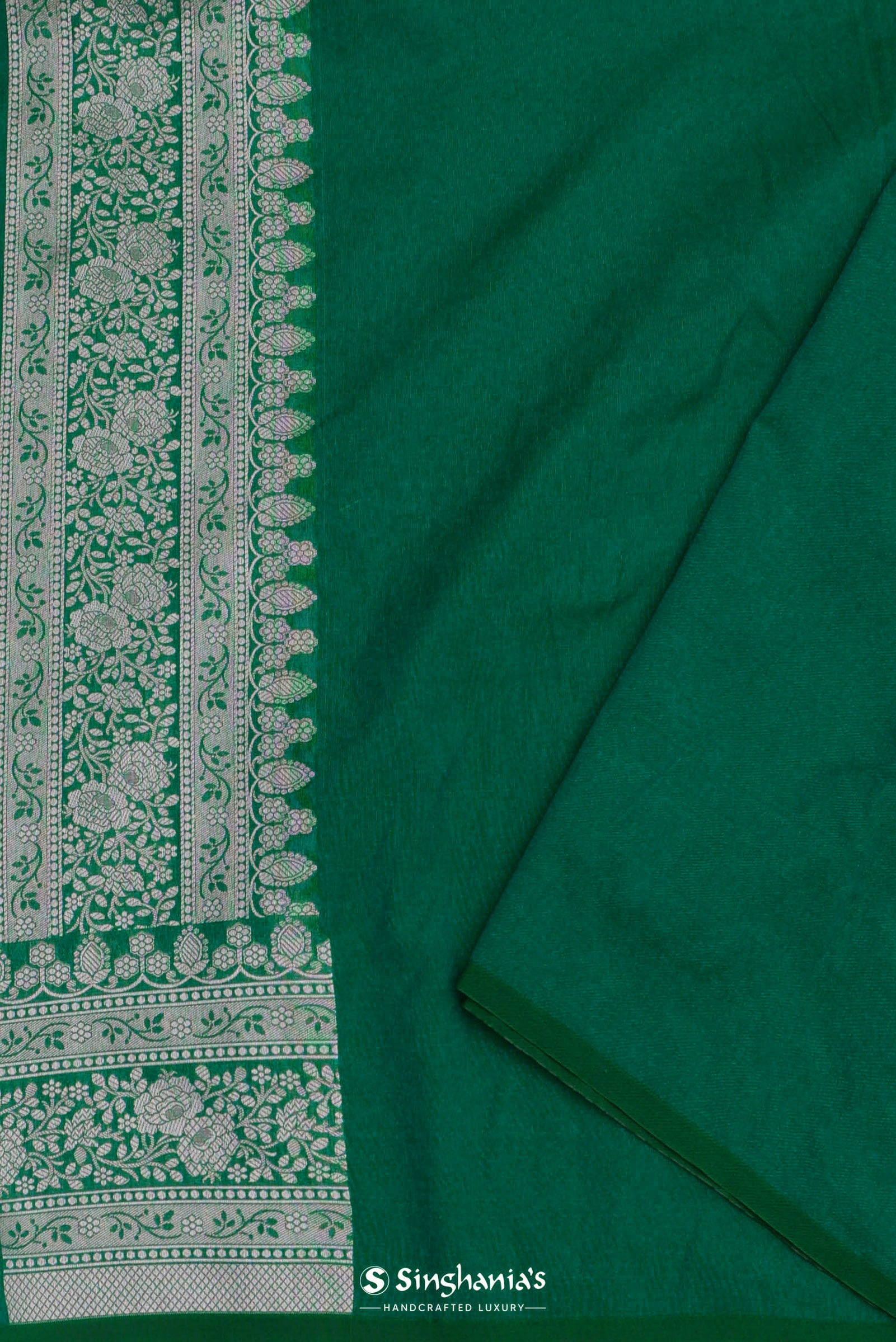 Green Banarasi Silk Saree With Silver Zari Border