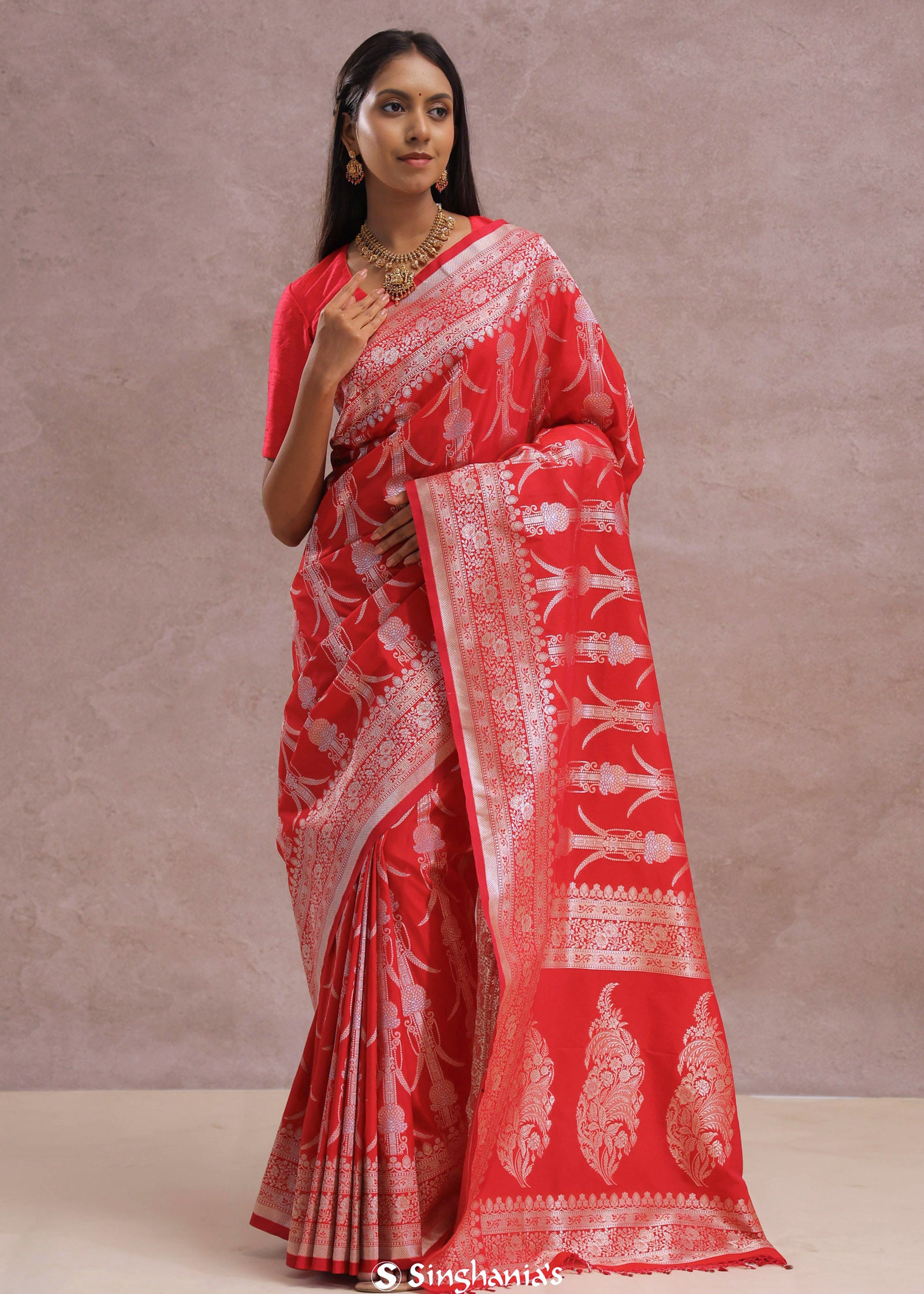 Crimson Red Banarasi Silk Saree Silver Zari Border
