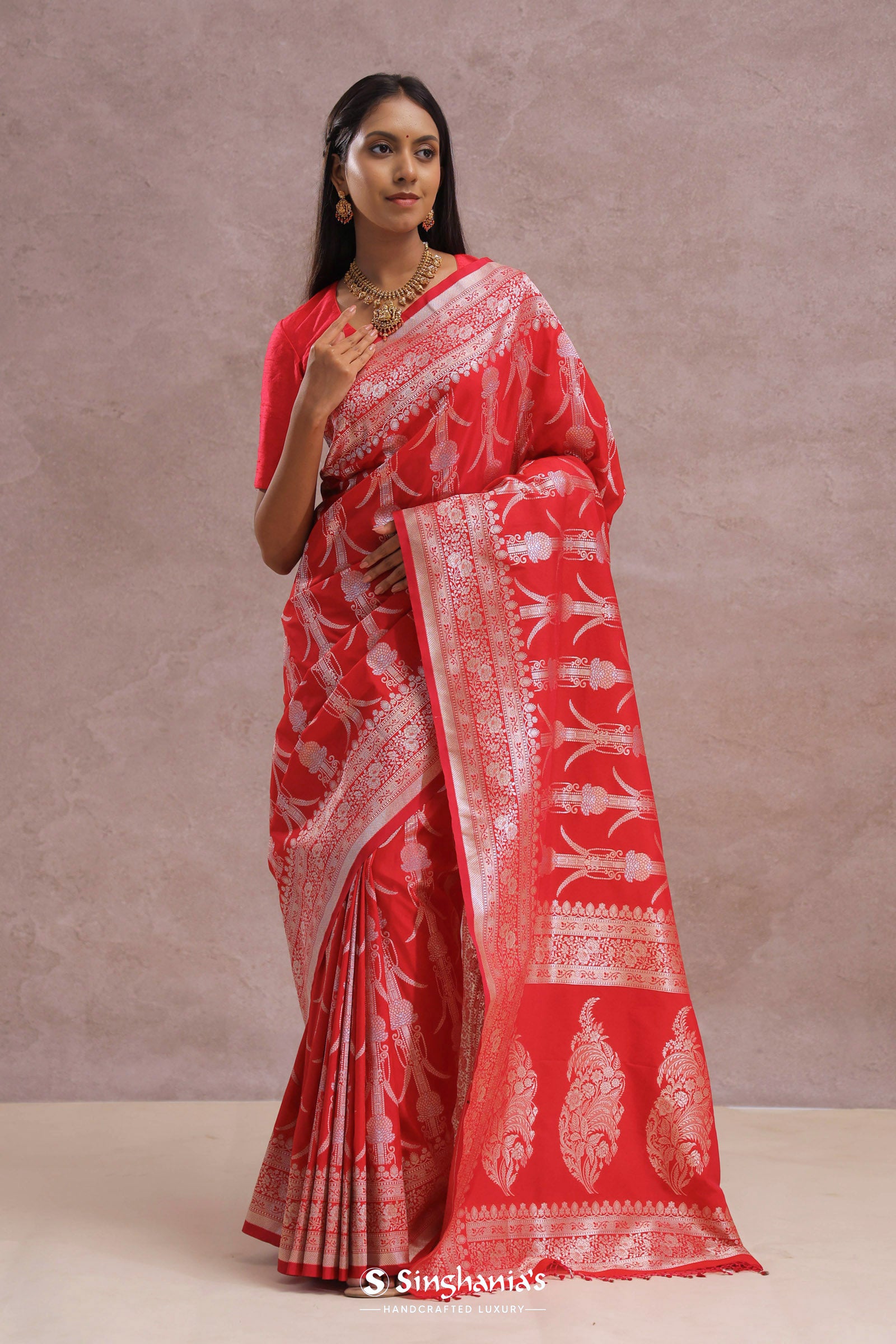 Crimson Red Banarasi Silk Saree Silver Zari Border