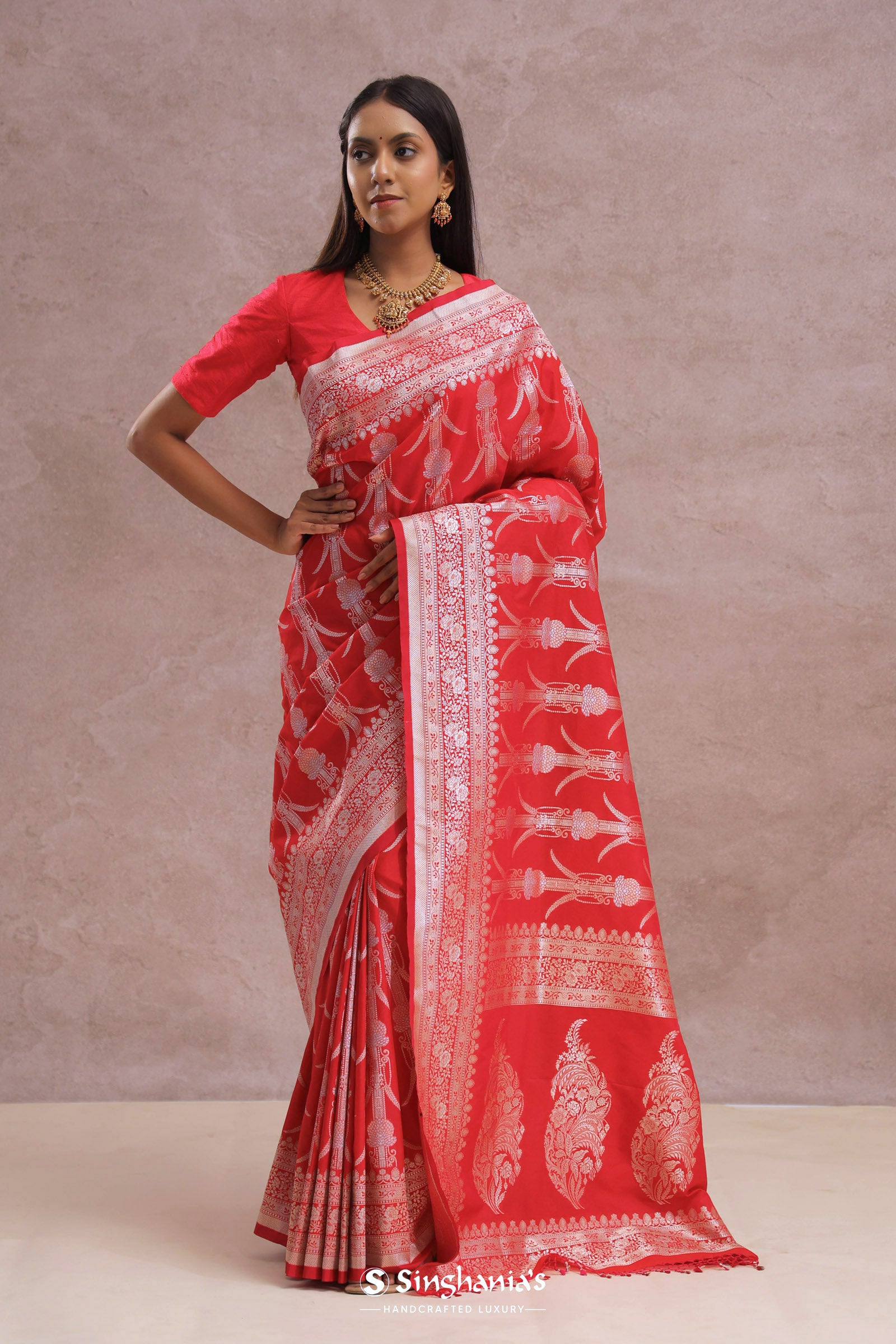 Crimson Red Banarasi Silk Saree Silver Zari Border