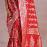 Crimson Red Banarasi Silk Saree Silver Zari Border