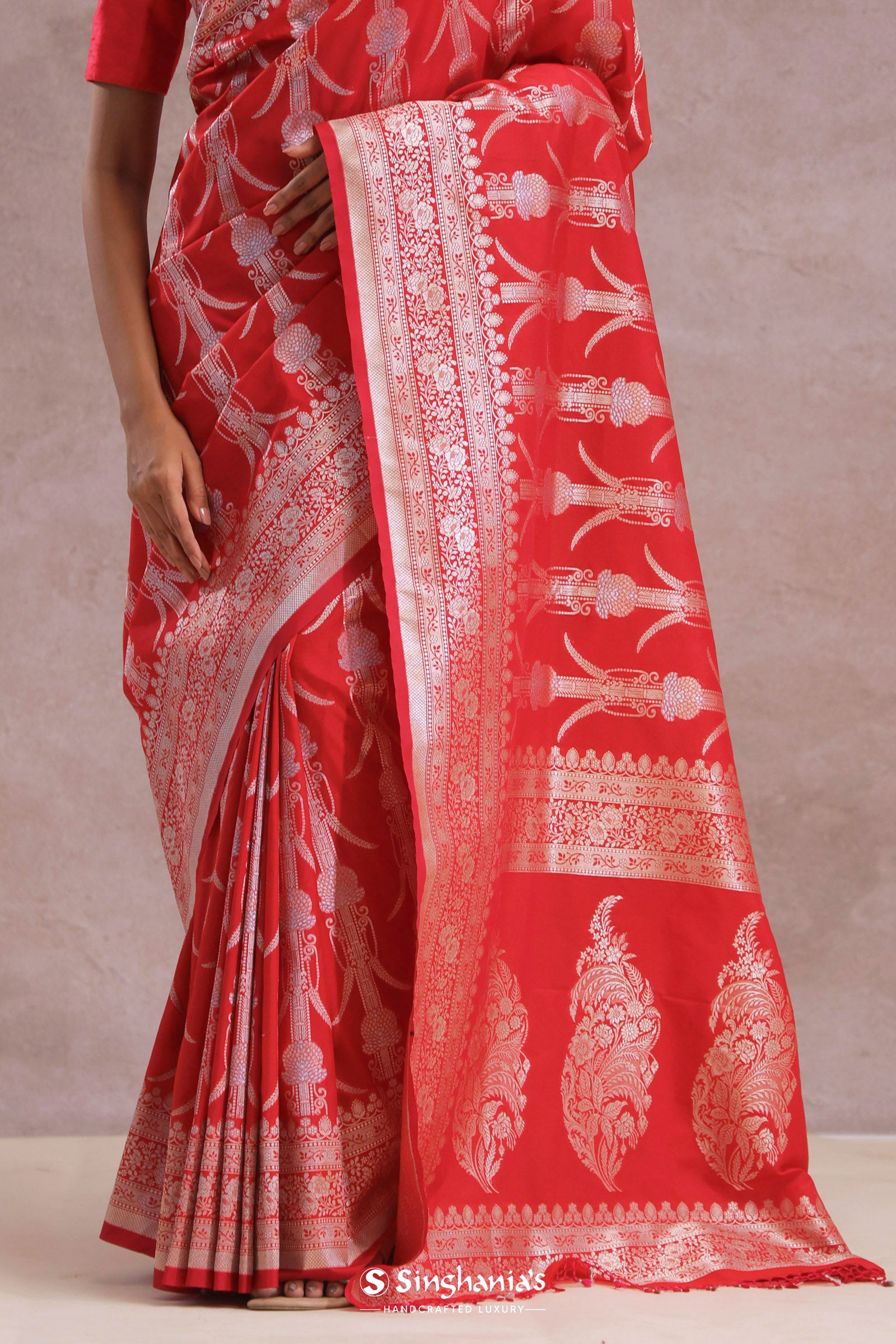 Crimson Red Banarasi Silk Saree Silver Zari Border