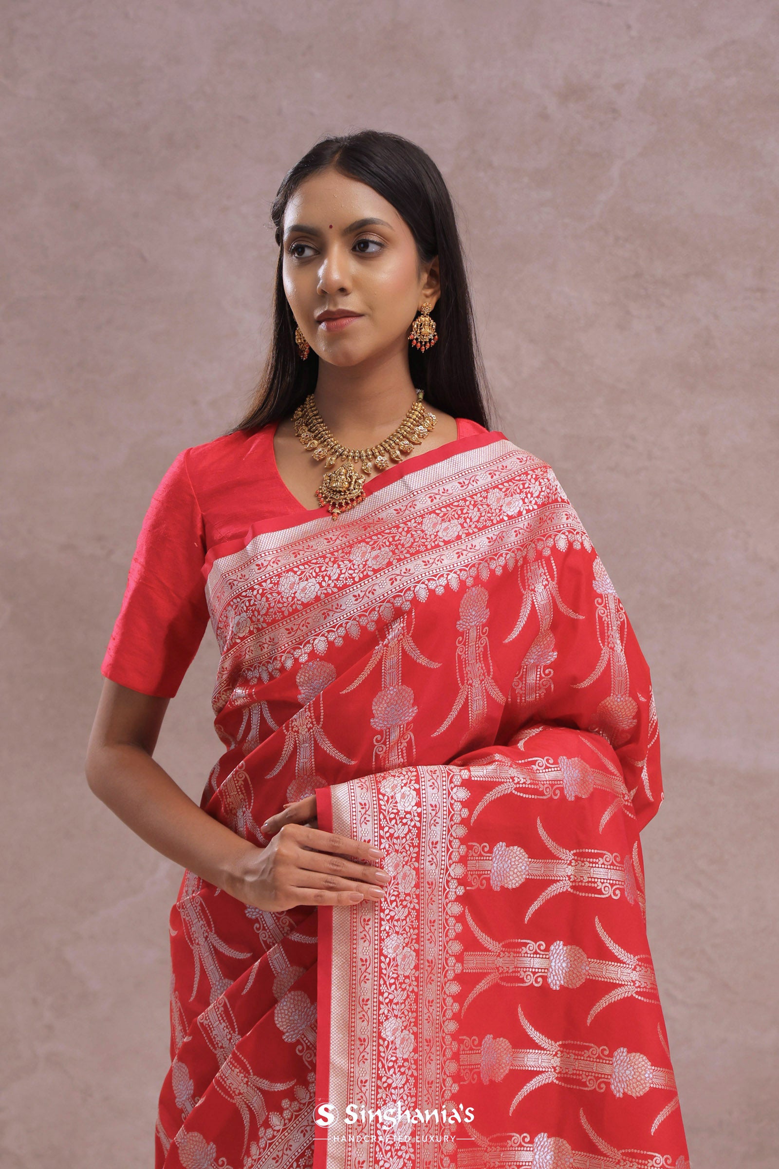 Crimson Red Banarasi Silk Saree Silver Zari Border