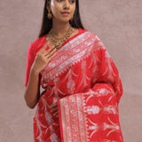 Crimson Red Banarasi Silk Saree Silver Zari Border