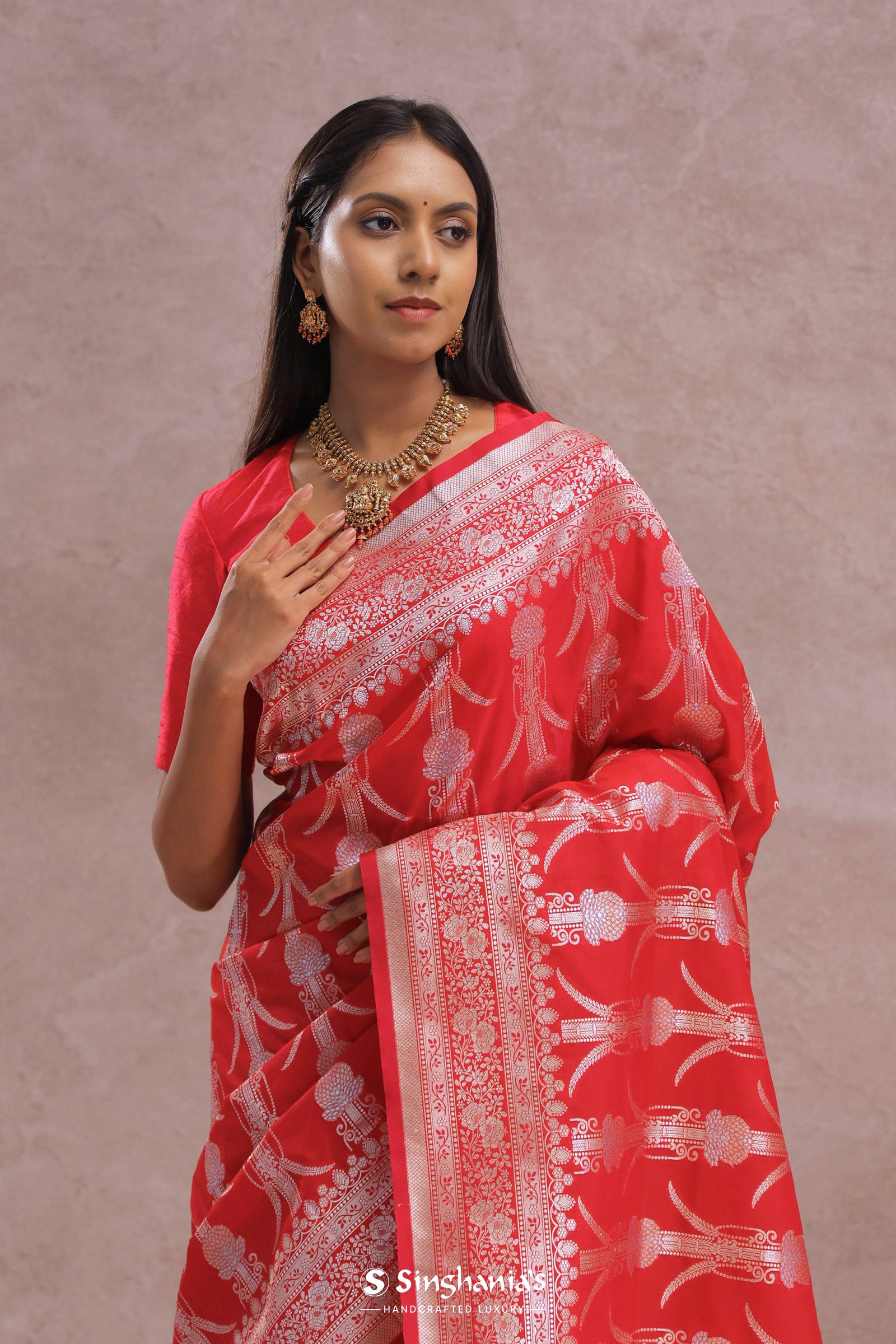 Crimson Red Banarasi Silk Saree Silver Zari Border