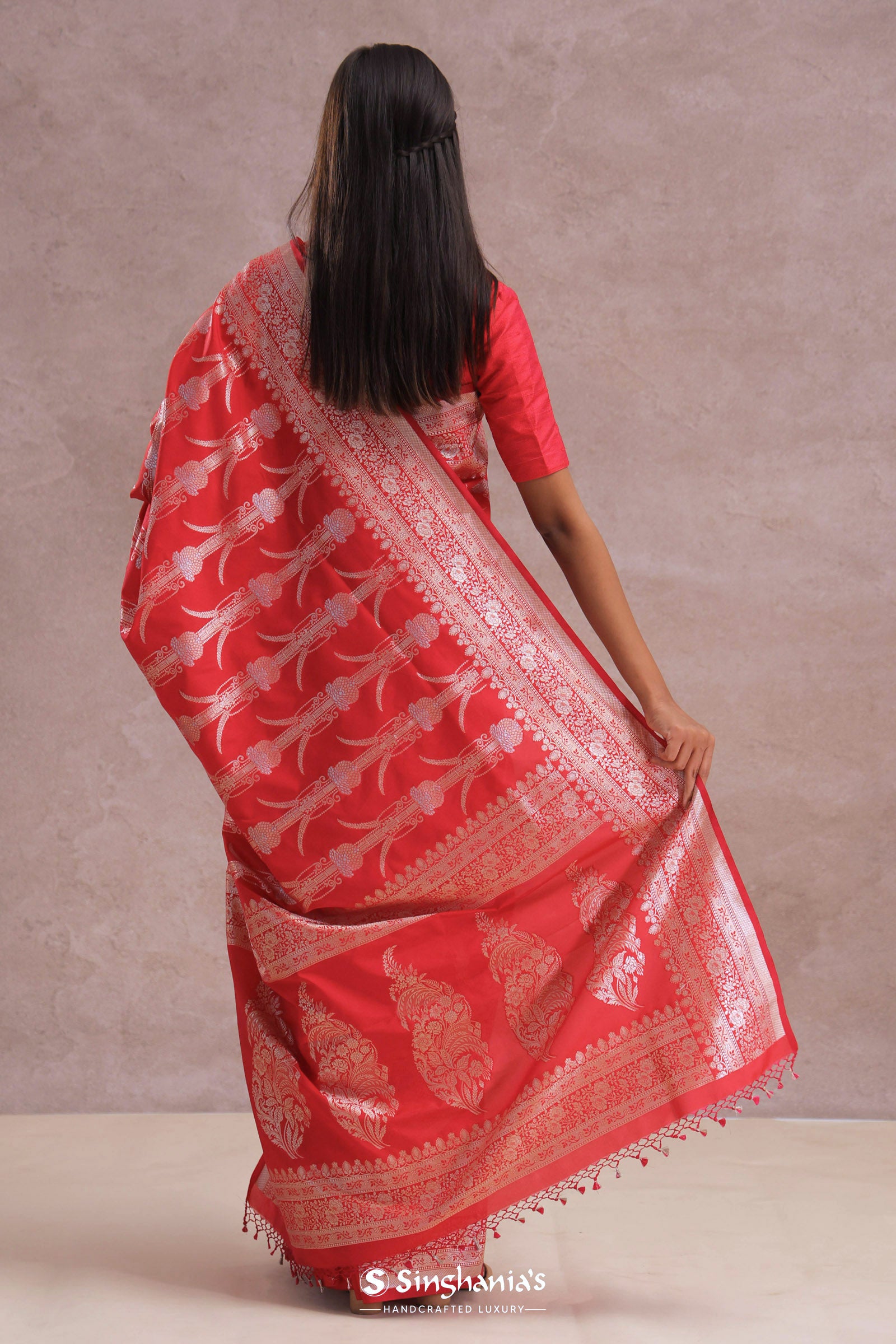 Crimson Red Banarasi Silk Saree Silver Zari Border