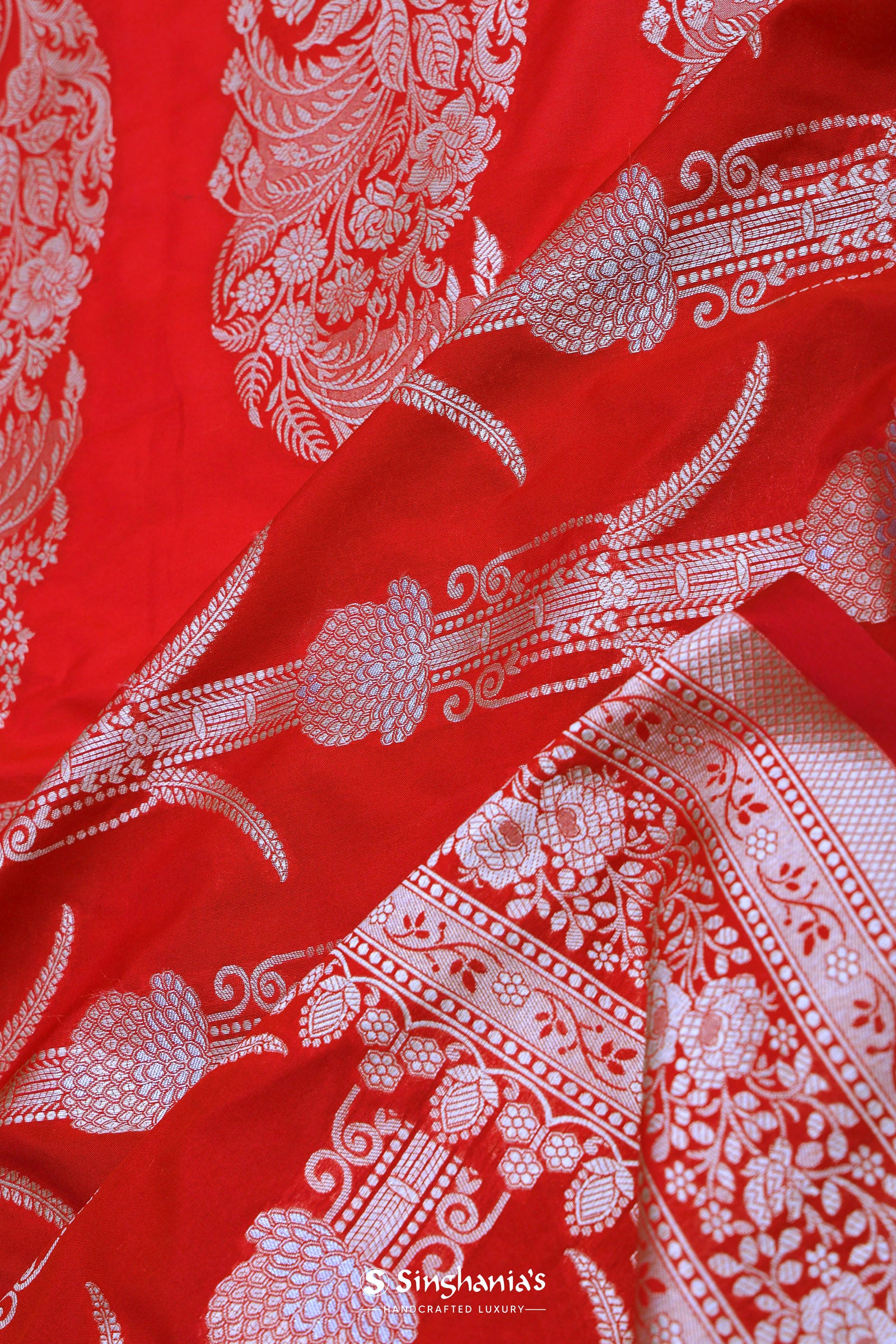 Crimson Red Banarasi Silk Saree Silver Zari Border
