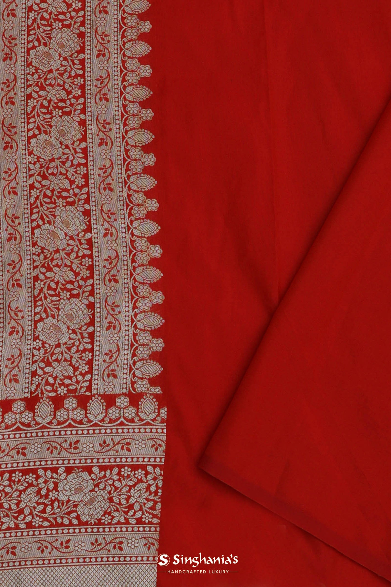 Crimson Red Banarasi Silk Saree Silver Zari Border