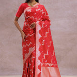 Cherry Red Banarasi Silk Saree With Silver Zari Border