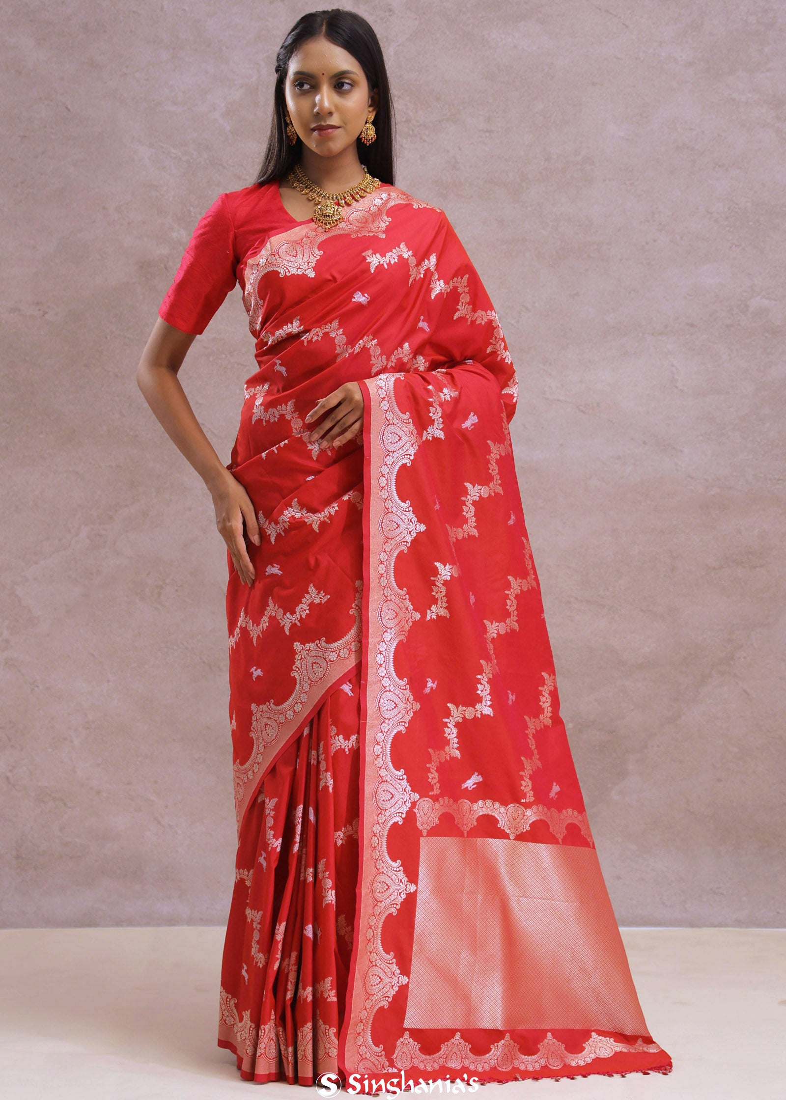 Cherry Red Banarasi Silk Saree With Silver Zari Border