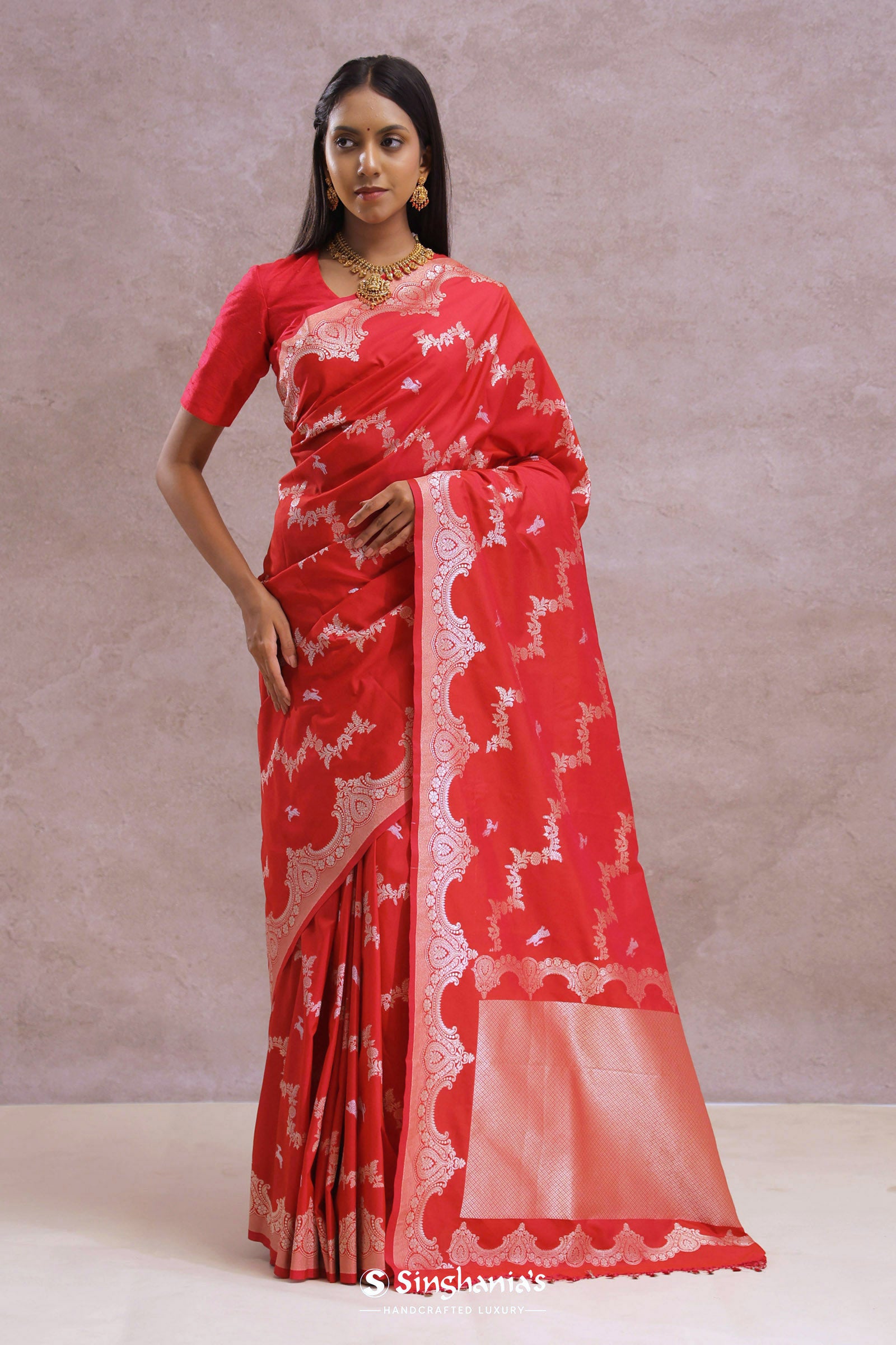 Cherry Red Banarasi Silk Saree With Silver Zari Border