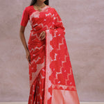 Cherry Red Banarasi Silk Saree With Silver Zari Border
