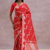 Cherry Red Banarasi Silk Saree With Silver Zari Border