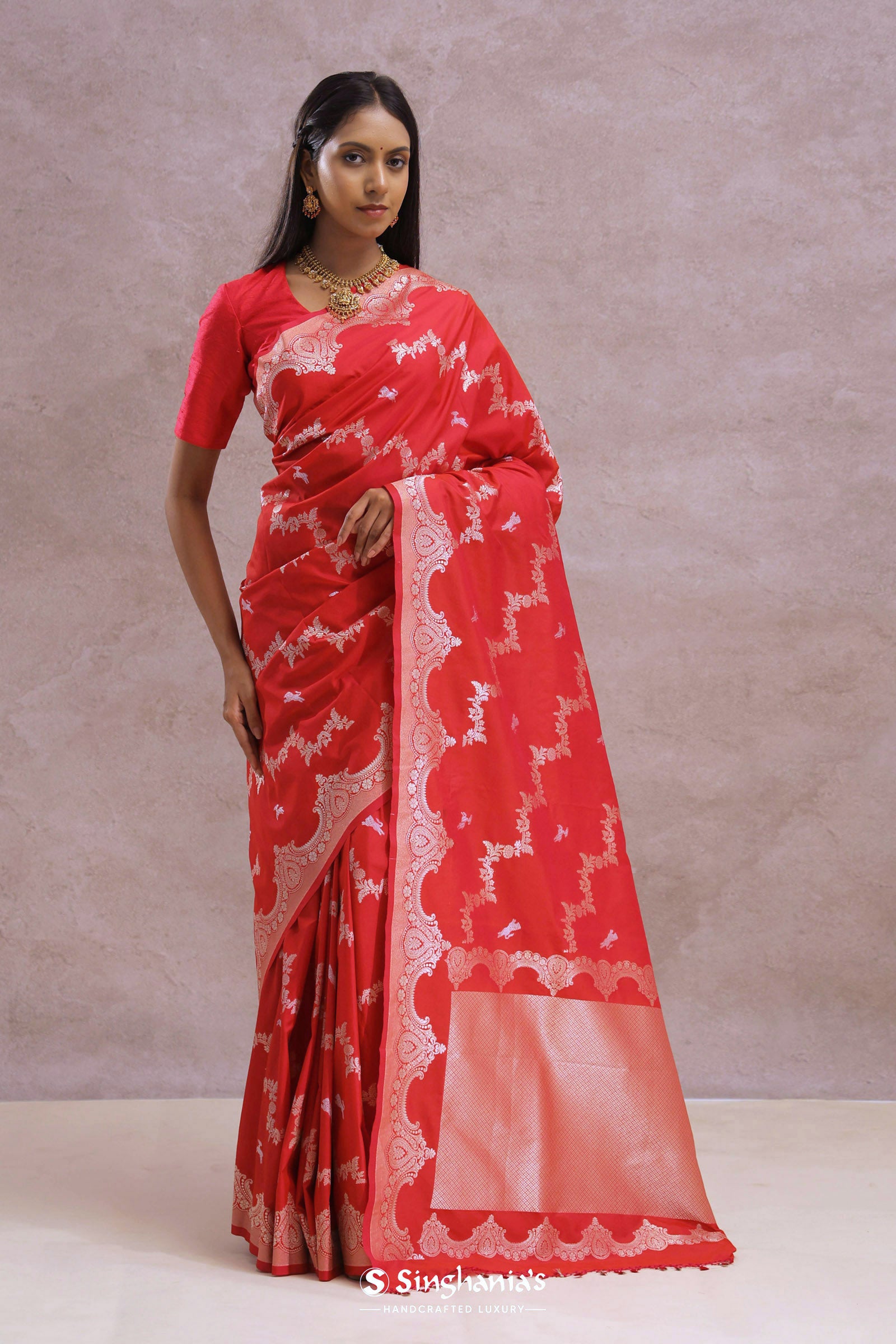 Cherry Red Banarasi Silk Saree With Silver Zari Border