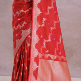 Cherry Red Banarasi Silk Saree With Silver Zari Border