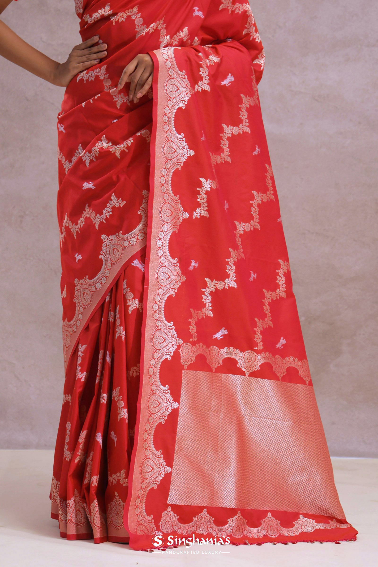 Cherry Red Banarasi Silk Saree With Silver Zari Border