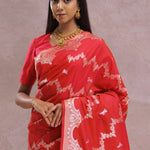 Cherry Red Banarasi Silk Saree With Silver Zari Border