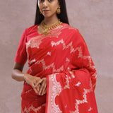 Cherry Red Banarasi Silk Saree With Silver Zari Border