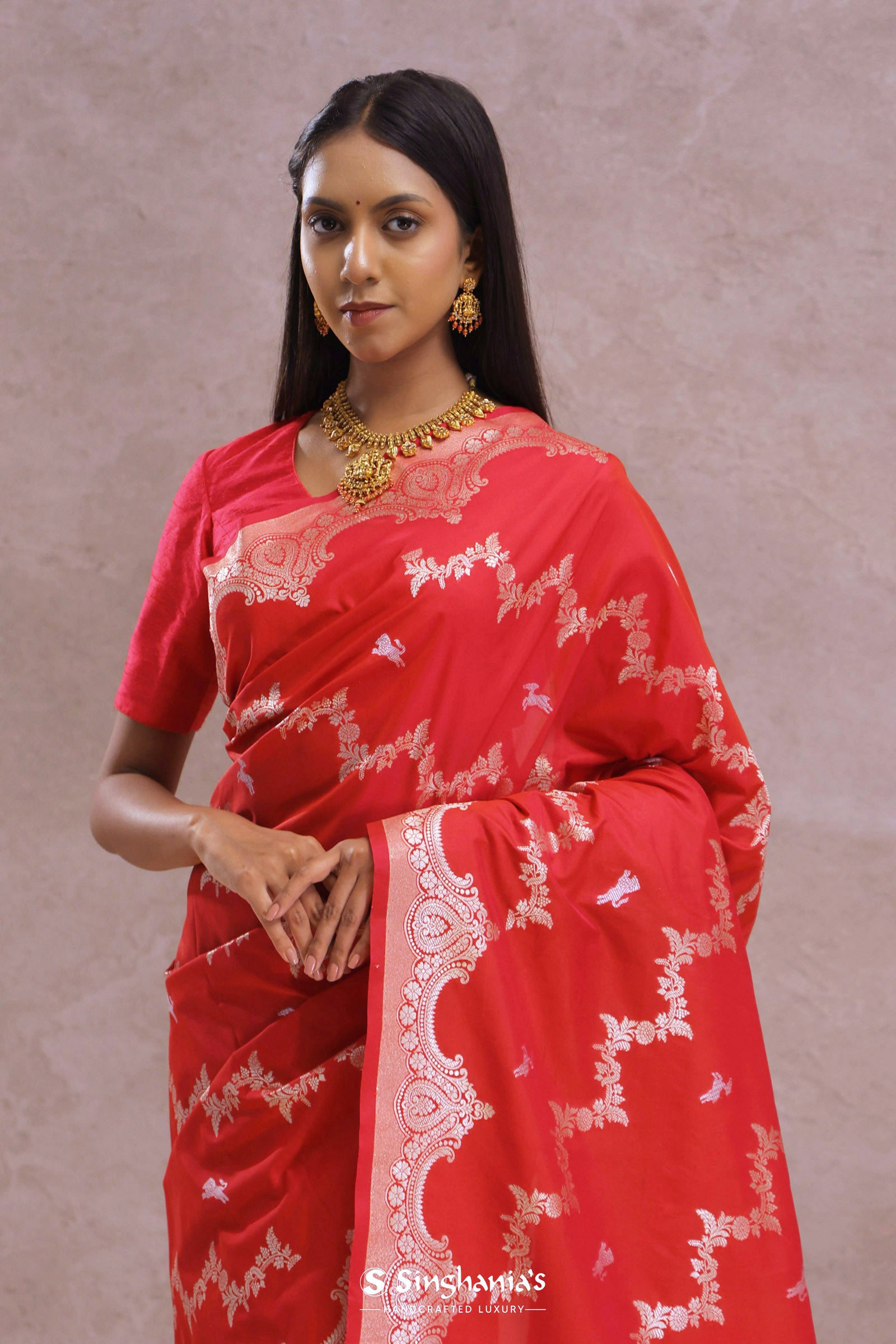Cherry Red Banarasi Silk Saree With Silver Zari Border