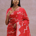 Cherry Red Banarasi Silk Saree With Silver Zari Border