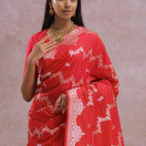 Cherry Red Banarasi Silk Saree With Silver Zari Border