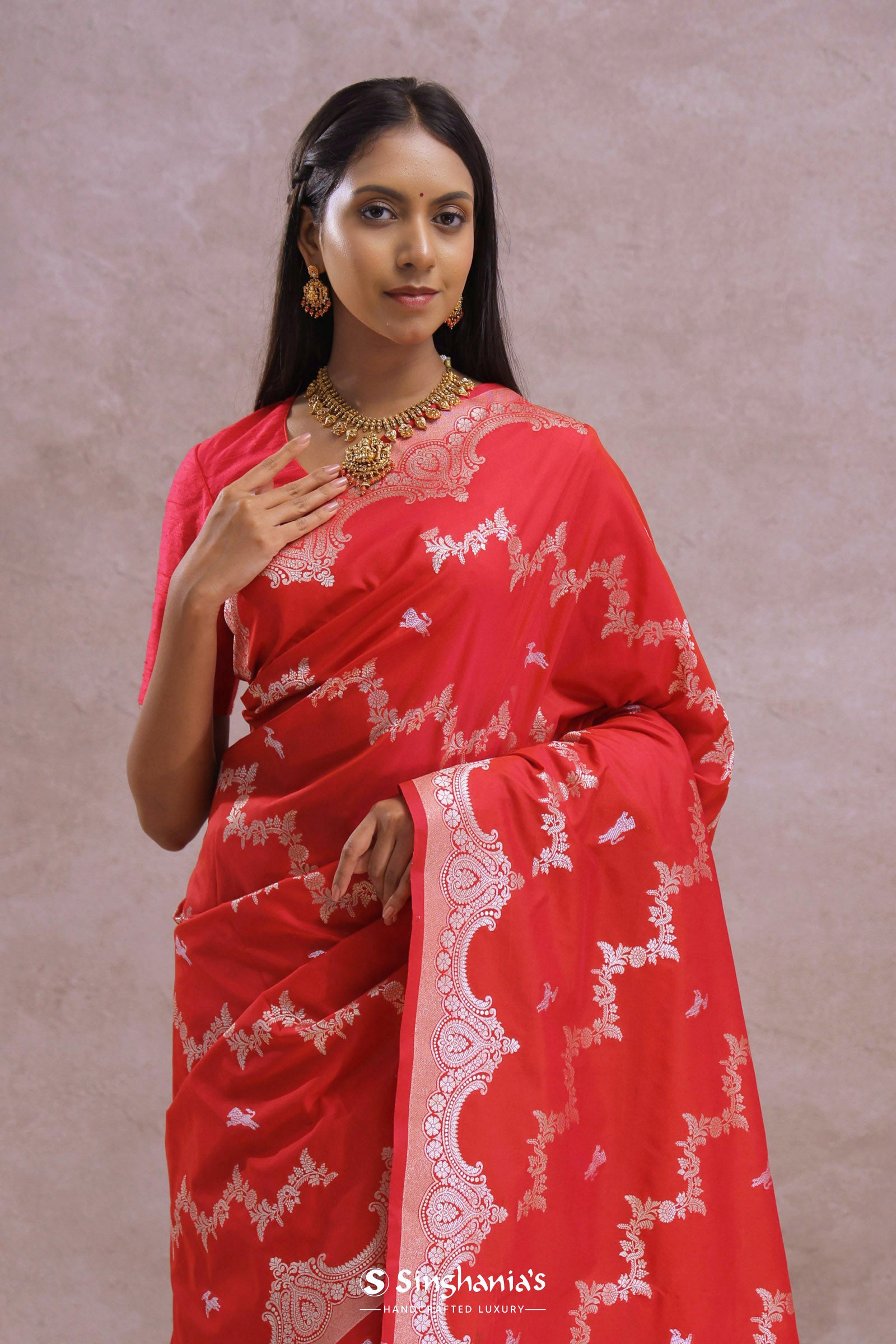 Cherry Red Banarasi Silk Saree With Silver Zari Border