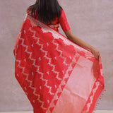 Cherry Red Banarasi Silk Saree With Silver Zari Border
