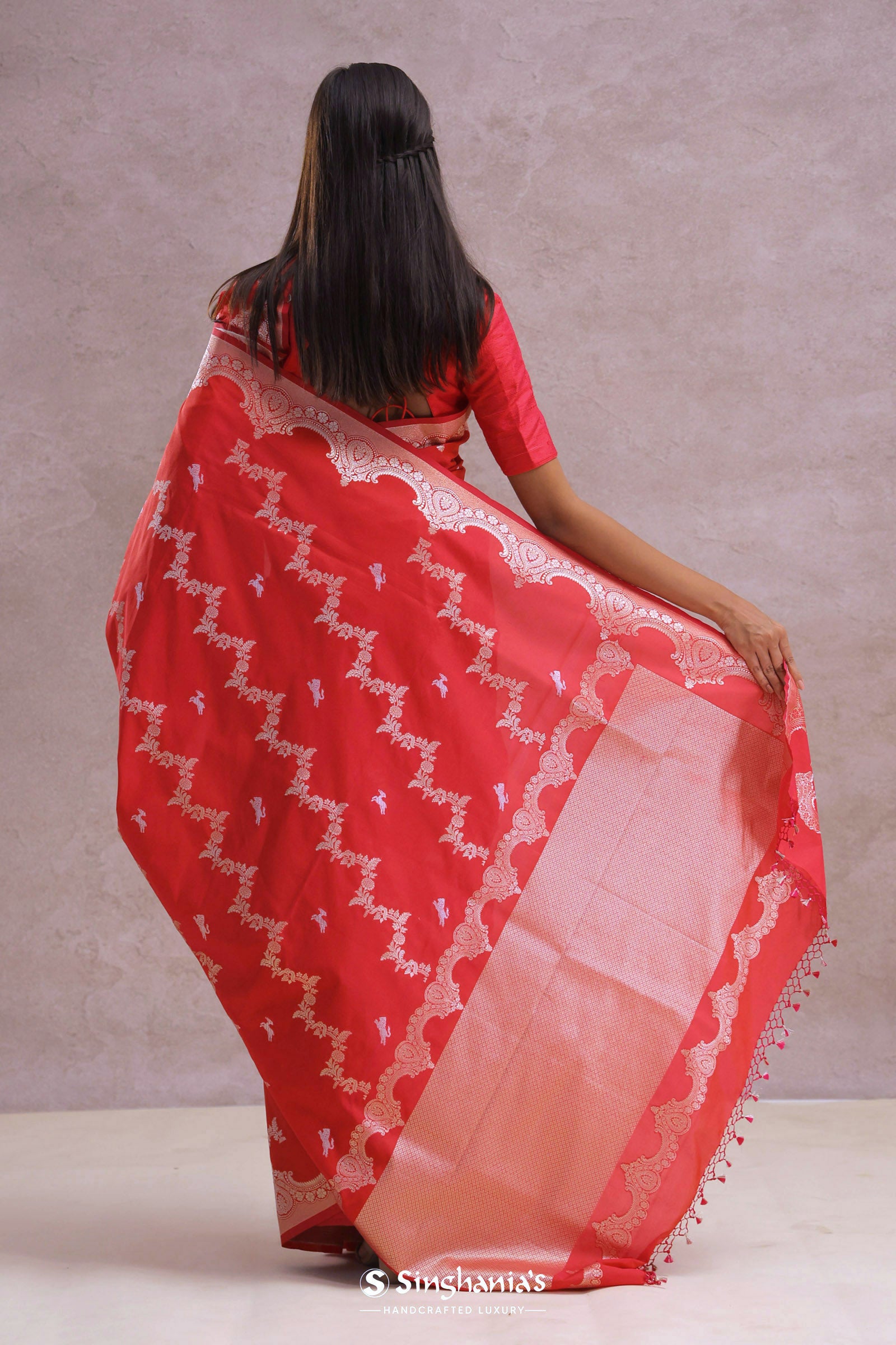 Cherry Red Banarasi Silk Saree With Silver Zari Border