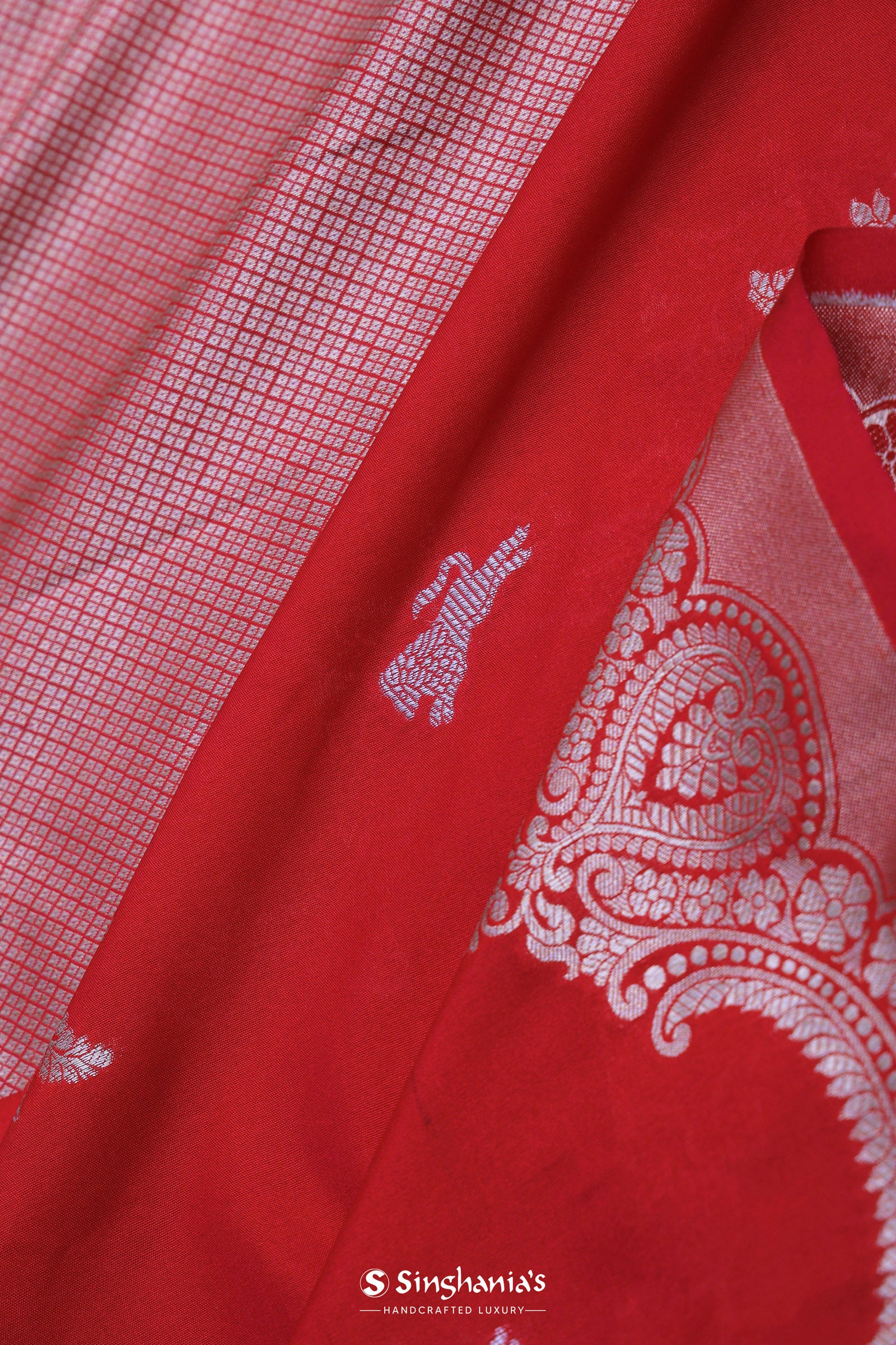Cherry Red Banarasi Silk Saree With Silver Zari Border
