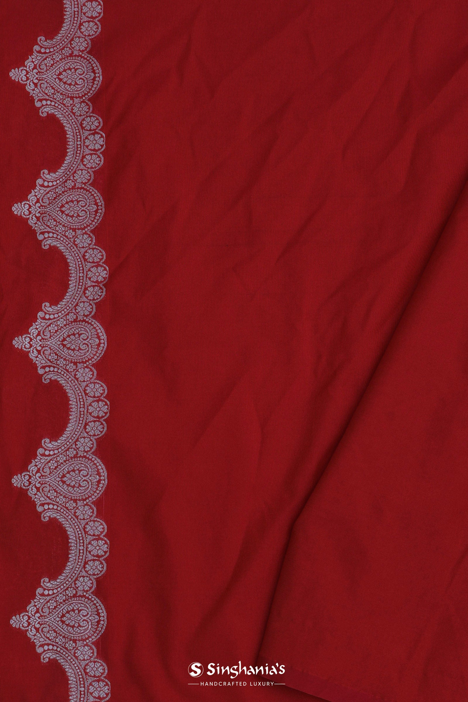 Cherry Red Banarasi Silk Saree With Silver Zari Border