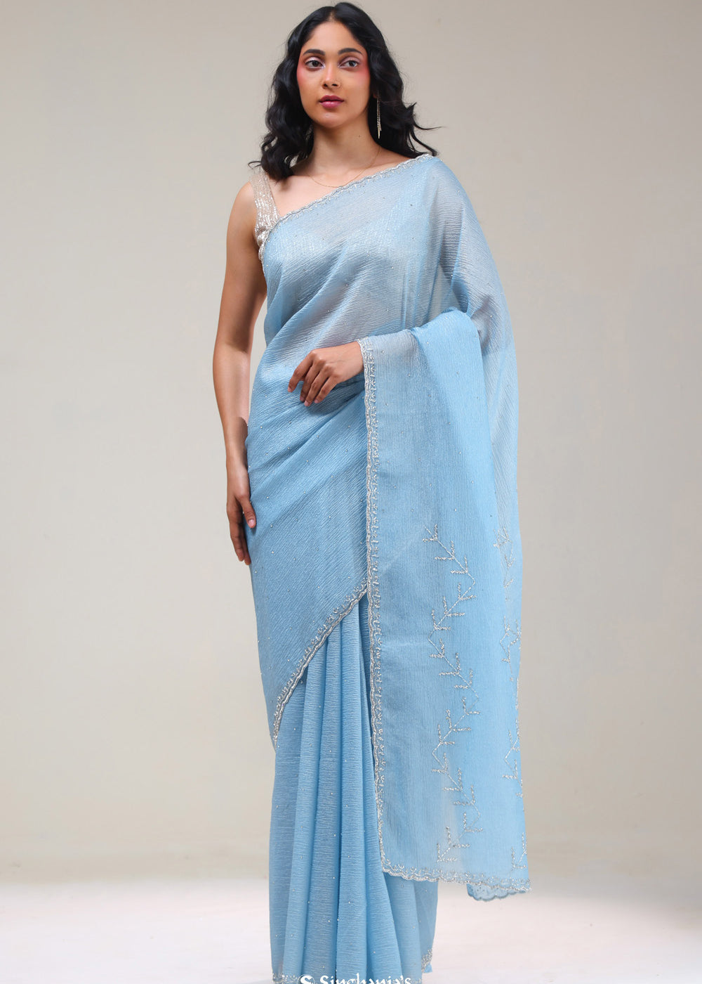 Sky Blue Tissue Handcrafted Saree
