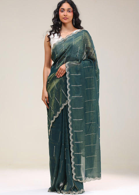 <img> Opal Green Handcrafted Tissue Saree