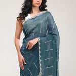 Dark Teal Handcrafted Tissue Saree