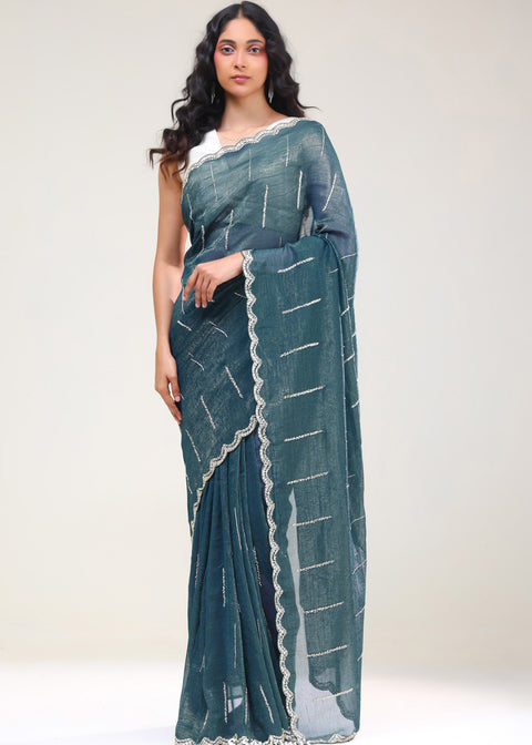 <img> Dark Teal Handcrafted Tissue Saree