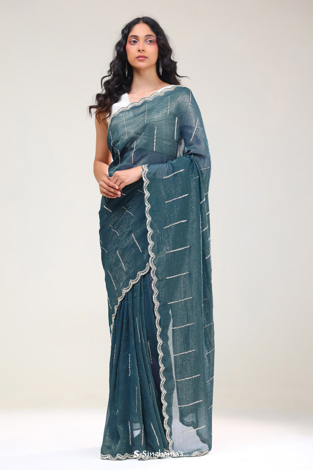 Dark Teal Handcrafted Tissue Saree