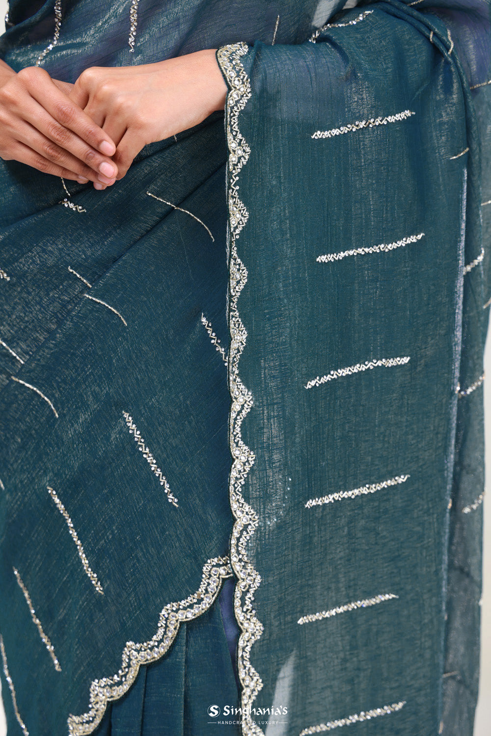 Dark Teal Handcrafted Tissue Saree