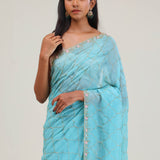 Bright Blue Silk Jaali Crafted Saree