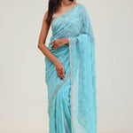 Bright Blue Silk Jaali Crafted Saree