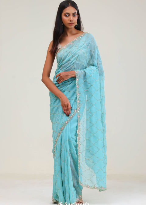  <img> Bright Blue Silk Jaali Crafted Saree